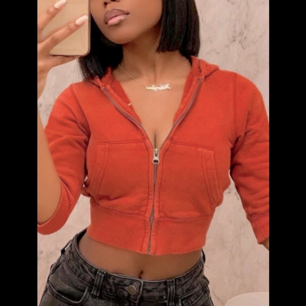 💋Orange Hoodie Crop Half Sleeve Zip Up W/ Pockets Jacket